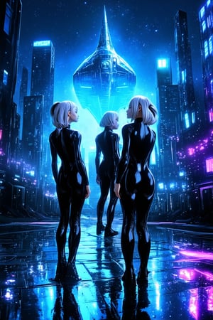 A futuristic cityscape at dusk, with neon lights reflecting off the wet pavement. A group of three space girls in sleek black jumpsuits and shimmering silver hair stand back-to-back, gazing up at a massive spaceship hovering above. Their poses exude confidence and strength, as they prepare to blast off into the cosmos.