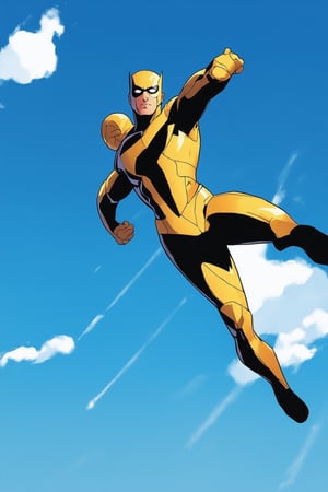 A vibrant Marvel hero posing against a bright blue sky with subtle cloud wisps. The hero's suit is a gleaming gold, with bold, angular lines and dynamic shading. The pose is heroic, with one leg slightly bent and the arm outstretched, as if ready to spring into action. The background is blurred, with a subtle gradient effect that trails off into the distance, leaving the hero as the focal point.