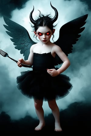 A demonic cherub with piercing red eyes and horns sprouting from her scalp, dressed in a black tutu and holding a miniature pitchfork, stands defiantly amidst a backdrop of dark, swirling clouds. Her porcelain skin glows with an eerie luminescence as she strikes a pose, one hand on hip, the other clutching the fork's handle.