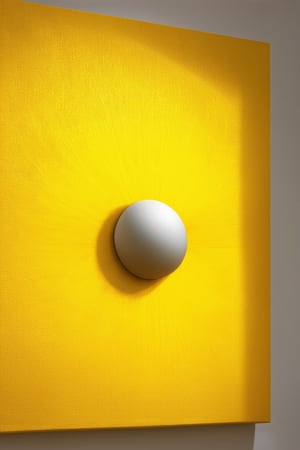 A vibrant yellow canvas fills the frame, radiating warmth and energy. A simple, iconic shape - a sphere or circle - takes center stage, its smooth surface reflecting gentle light. The surrounding space is minimal, allowing the bright hue to dominate. Soft, diffuse lighting casts no harsh shadows, emphasizing the color's pure essence.