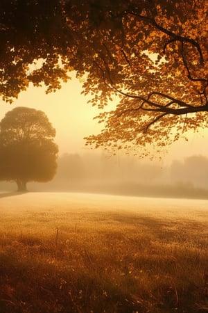 Golden hues of autumn spread across a misty meadow as leaves rustle softly in the gentle breeze. A lone tree stands tall, its branches stretching towards the sky like nature's own cathedral. The sun casts long shadows, illuminating the vibrant foliage and warm earth tones.