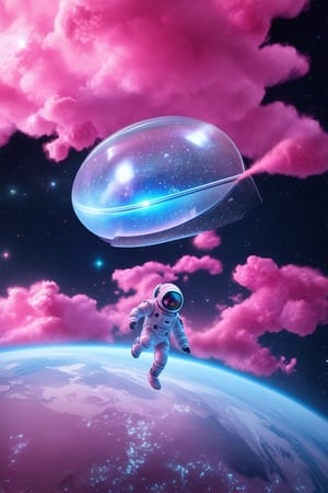 A futuristic 3D pink space scene with a vibrant cosmos filled with swirling pink clouds and stars. A sleek silver spaceship orbits in the distance, its engines glowing bright blue against the rosy hue. The camera zooms in on a lone astronaut floating near a transparent dome, surrounded by glittering stardust, with a curious expression and a hint of wonder.