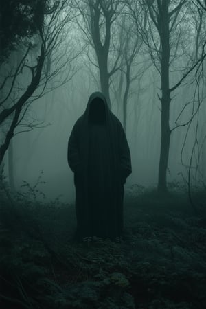 A dimly lit, eerie forest clearing at dusk. A figure, shrouded in shadows, stands tall amidst twisted tree branches and overgrown underbrush. The air is heavy with misty fog, illuminated only by the faint glow of luminescent mushrooms. The subject's features are obscured, yet an aura of foreboding intensity emanates from their very presence.