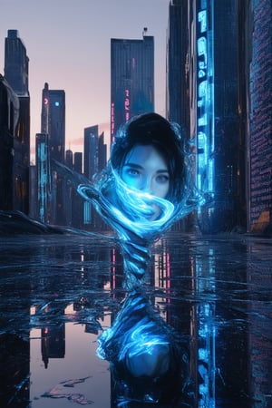 A futuristic cityscape at dusk, with towering skyscrapers and neon lights reflecting off wet pavement. A holo projection of a woman's face (Dyss) floats above the concrete, her digital eyes glowing bright blue as she appears to float amidst a swirling vortex of holographic code.