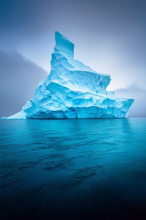 A majestic iceberg rises from the crystal clear waters of a mystical realm, its shimmering blue-black surface reflecting the vibrant hues of the fantastical sky. The air is crisp and cool, with a hint of misty magic as the iceberg's ancient secrets whisper through the fog.