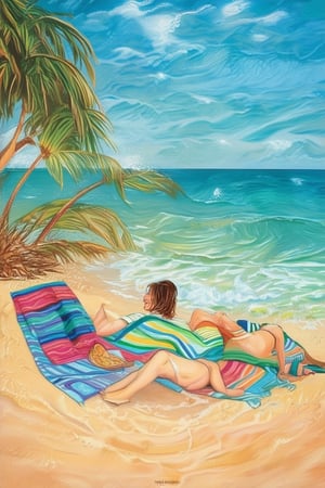 A warm sun-kissed afternoon on a tranquil beachside, with soft golden light illuminating a group of friends lounging on colorful beach towels. A gentle sea breeze rustles their hair as they laugh and chat, surrounded by the soothing sounds of waves gently lapping at the shore.