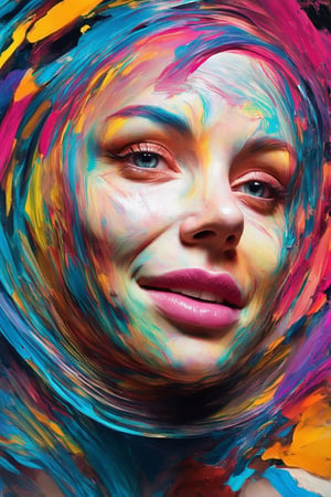 A 3D rendering of a vibrant, colorful face with bold brushstrokes and texture. The composition features a close-up shot of the subject's face, lit by a soft, diffused light with highlights on the cheekbones and nose. The facial features are exaggerated, with bright pink lips, wide eyes, and a mischievous grin. A swirling vortex of colorful shapes surrounds the face, creating a dynamic and playful atmosphere.