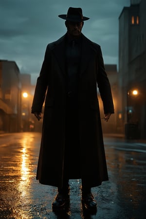 A dark hero stands tall in a dimly lit cityscape at dusk, his rugged features illuminated only by the faint glow of streetlights reflecting off wet asphalt. He's dressed in black from head to toe, with a long coat and a fedora, exuding an air of mystery and danger.