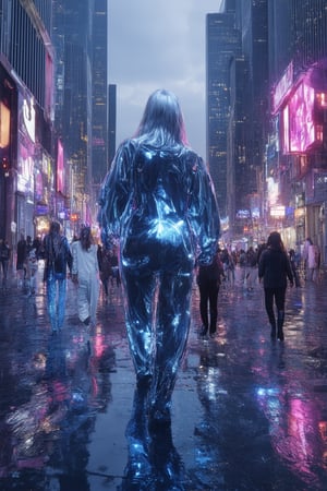 A futuristic cityscape at dusk, with towering skyscrapers and neon lights reflecting off the wet pavement. A group of holographic pedestrians, their ethereal forms flickering with a soft blue glow, walk in tandem along the busy street. The leader, a hologram of a woman with flowing silver hair, holds a tablet that pulses with an otherworldly energy. The Dyss corporation logo emblazoned on her tablet's screen.