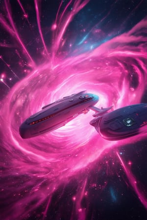 A futuristic 3D pink space scene with a swirling vortex of neon pink particles filling the frame. A sleek spaceship with iridescent pink accents hovers in the background, partially obscured by a wispy cloud of glittering sparks. The ship's cockpit glows softly, casting a warm pink light on the surrounding nebula.