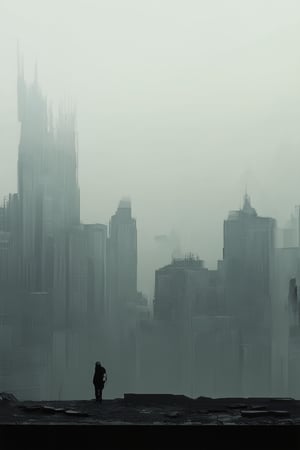 A dimly lit, abstracted cityscape at dusk, with towering skyscrapers shrouded in misty fog, their peaks disappearing into a mysterious darkness. The air is heavy with the scent of wet concrete and the distant hum of urban life. In the foreground, a lone figure stands atop a crumbling rooftop, silhouetted against the desolate skyline.