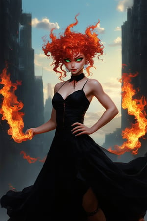 A demonic girl with fiery red hair and piercing green eyes, wearing a flowing black dress, poses confidently in front of a hellish cityscape at sunset. Flames engulf the buildings as she stands tall, her hands on her hips, with a mischievous grin spreading across her face.