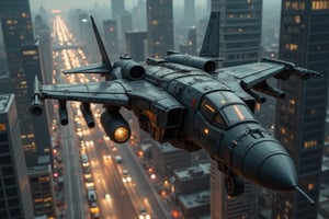 (best quality,ultra-detailed,realistic),fighter jet, flying over a city, at night, BATTLE WITH A GIANT ALIEN ROBOT,  with vibrant city lights, atmospheric mood, cityscape, tall skyscrapers, glowing windows, illuminated streets, bustling traffic, dynamic motion blur, powerful engine exhaust, dramatic shadows, futuristic technology,MechGolemABM-BS01,MechWandererABM-WS01,MechSequrityABM-SQ01