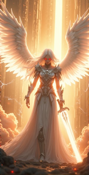 A powerful, awe-inspiring female warrior with long, flowing white hair, clad in radiant white spiked armor, stands with a menacing aura. Her ethereal, glowing white wings stretch out majestically behind her, shimmering with divine light. She holds a massive, radiant sword that emits an intense white light, crackling with electric energy swirling around her like a celestial storm. Her piercing red eyes glow through the mist, adding to her fierce, commanding presence.
In the background, a grand temple rises from the clouds, its towering pillars and intricate carvings radiating with divine energy. The heavenly temple, bathed in golden light, creates a majestic backdrop, emphasizing the warrior's divine connection. Soft golden clouds float around, with beams of divine light breaking through, creating a serene yet powerful atmosphere. Gentle orange glowing dust drifts through the air, adding a magical touch to the ethereal landscape. Ultra-realistic, hyper-detailed, with cinematic lighting and perfect composition, the image captures the contrast between the angelic and the fierce, framed by the high-contrast interplay of light, shadow, and the divine architecture.

 detailmaximizer,animestyle,aotstyle,ct-skyzo_identity