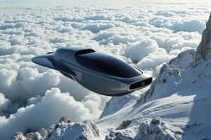 Ultra-realistic depiction of a charcoal-gray hover car soaring above the rugged terrain of Saturn, its sleek design devoid of traditional wheels. The vehicle's futuristic-free aesthetic blends seamlessly with the planet's icy landscape, as it hovers effortlessly amidst towering craters and swirling clouds of gas.,noc-futuristic