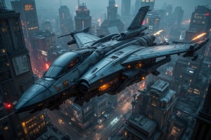 A high-flying fighter jet, its sleek surface gleaming with (best quality, ultra-detailed, realistic) detail, soars over a cityscape at night. Vibrant city lights illuminate the towering skyscrapers and bustling streets below, where traffic flows like liquid silver. As the jet banks sharply, it's met by an alien robot, MechGolemABM-BS01, in a battle for dominance. The air is thick with dynamic motion blur as the machines clash. Powerful engine exhaust plumes create dramatic shadows on the city below. Glowing windows and illuminated streets reflect the chaos above, while BionicSkin glistens on the jet's fuselage. In the midst of this futuristic mayhem, MechWandererABM-WS01 and MechSequrityABM-SQ01 join the fray, their metallic bodies glowing in the city's neon haze.