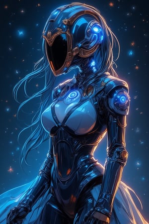 A futuristic cyborg girl stands tall against a starry galaxy backdrop, her bright blue neon-lit armor glowing like a beacon. Her steam-punk inspired helmet, adorned with intricate copper filigree, seems to hum with energy. The warm glow of the neon lights casts an ethereal ambiance, as if she's about to take flight into the cosmos.,1girl_Anime,funny animals