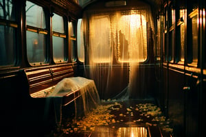 A hauntingly beautiful scene unfolds: a misty train car interior, dimly lit by raindrops on windows, casting an otherworldly glow. Delicate flower petals carpet the floor, adding a touch of ethereal elegance. In the center, a glass coffin glimmers softly, its transparent surface reflecting the warm, golden light within. The atmosphere is heavy with melancholy and eeriness, as if time has suspended itself amidst the watery veil outside, trapping memories in this fleeting moment.