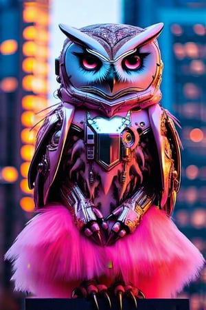 Futuristic cityscape at dusk, pink puffy skirt encasing owl's face like cybernetic exosuit, neon lights reflecting vibrant glow on feathers and buildings. Close-up shot of piercing gaze framed by skirt, owl perched atop metallic pedestal grasping glowing orb, as if harnessing digital energy amidst urban landscape.