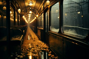 A hauntingly beautiful scene unfolds: a misty train car interior, dimly lit by raindrops on windows, casting an otherworldly glow. Delicate flower petals carpet the floor, adding a touch of ethereal elegance. In the center, a glass coffin glimmers softly, its transparent surface reflecting the warm, golden light within. The atmosphere is heavy with melancholy and eeriness, as if time has suspended itself amidst the watery veil outside, trapping memories in this fleeting moment.