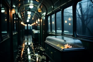 A misty train car interior, dimly lit by faint raindrops on the windows, with delicate flower petals scattered across the floor. In the center of the compartment, a glass coffin glimmers softly, its transparent surface reflecting the gentle glow of tiny lights within. The atmosphere is melancholic and eerie, as if time has stood still amidst the watery veil outside.