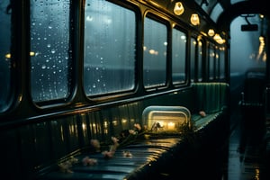 A misty train car interior, dimly lit by faint raindrops on the windows, with delicate flower petals scattered across the floor. In the center of the compartment, a glass coffin glimmers softly, its transparent surface reflecting the gentle glow of tiny lights within. The atmosphere is melancholic and eerie, as if time has stood still amidst the watery veil outside.