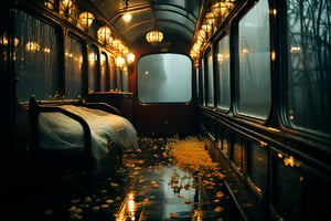 A hauntingly beautiful scene unfolds: a misty train car interior, dimly lit by raindrops on windows, casting an otherworldly glow. Delicate flower petals carpet the floor, adding a touch of ethereal elegance. In the center, a glass coffin glimmers softly, its transparent surface reflecting the warm, golden light within. The atmosphere is heavy with melancholy and eeriness, as if time has suspended itself amidst the watery veil outside, trapping memories in this fleeting moment.