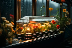 A close-up shot of a glass coffin centered on a train's interior, surrounded by scattered flowers, illuminated by soft, diffused light filtering through the windows as rain pours down outside, casting a melancholic atmosphere within.