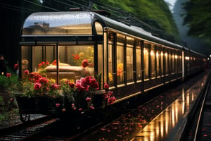 It was raining outside the train and flowers were scattered inside. There is a glass coffin placed in the center of the train