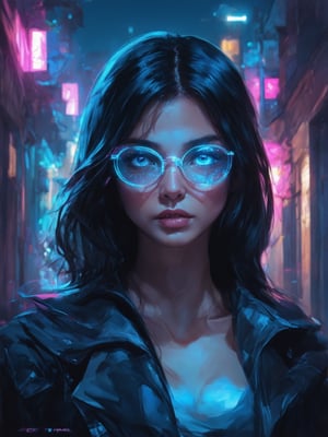 A cyberpunk siren gazes out from a neon-lit alleyway, her clear glasses glowing like beacons in the dark. In this masterwork of digital painting, ArtGerm's signature style shines with intricate details and smooth textures. The golden ratio guides the composition as our heroine's face radiates warmth, her eyes sparkling like stars in the vibrant night sky. Subsurface scattering lends a sense of depth, while light leaks and rim lighting create a mesmerizing glow. In the background, a cityscape unfolds in stunning UHD detail, a testament to the artist's skill.