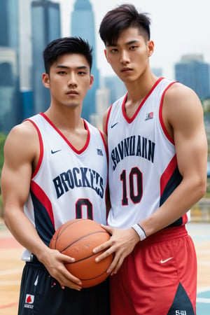 Two handsome guys stand side by side on the basketball court.  One is a handsome Korean guy, 190 cm tall, weighing 90 kg, with a crew cut hairstyle, single eyelids, well-developed muscles, jersey number 10, and a confident and handsome expression.  The other one is a 175cm 72kg handsome guy of Taiwanese Indian descent, with undercut hairstyle, thick eyebrows, double eyelids, big eyes, thick lips, a fit body, an inverted triangle upper body, and the body proportions are exactly the same as those of the model in the magazine, with chest muscles, six-pack abs, and perfect abdominal muscles. The jersey number is No. 69.  Both were wearing red numbered basketball vests with the team name "man2man" printed on them, red basketball shorts, white socks and black basketball shoes.  The handsome Korean guy kiss the handsome Taiwanese-Indian guy, the handsome Korean guy is obviously taller. There is a blurry basketball hoop and a night view of tall buildings in the background.  The basketball court has night lighting.

perfect hands (detailed face, detailed skin texture), (photorealistic), masterpiece: 1.5, beautiful lighting, best quality, beautiful lighting, realistic and natural image, intricate details, everything in focus, perfect focus, photography, masterpiece, small nuances, Supreme resolution, 32K, quality and ultra-sharp details. Superior, realistic and complex, perfect proportions, perfect hands, perfect feet. (extremely detailed skin texture and pores),
anepicboy, 