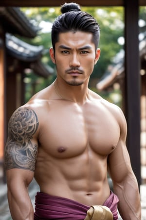 A handsome man.Full body shot.
He is a Japanese gangstere with one Japanese kimono which is shown his fitness chest and arms, (unbuttoned), show his amazing Buddha tattoo on chest, he hold a Japanese sword. he stands sideways in front of a Japanese tample.
tattoo, (Tattoo), 25 years old, very straight hair, short hair, few stubble, full and pink lips, blush, muscular body, bright eyes.

confident and serious expression, manly appearance, symmetrical size. Looking at the camera with confidence. 

The shot is very far away. showing from a distance the man stands sideways and the Japanese tample. 

perfect hands (detailed face, detailed skin texture), (photorealistic), masterpiece: 1.5, beautiful lighting, best quality, beautiful lighting, realistic and natural image, intricate details, everything in focus, perfect focus, photography, masterpiece, small nuances, Supreme resolution, 32K, quality and ultra-sharp details. Superior, realistic and complex, perfect proportions, perfect hands, perfect feet. (extremely detailed skin texture and pores)