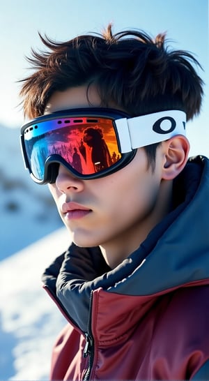 score_9, score_8_up,score_7_up, score_6_up, ultra realistic, 64K, ultra realistic, A 24-year-old handsome korean man wearing stylish ski oakley goggles stands with a cool, cozy expression, undercut hair style. In the reflection of his ski goggles, two handsome men wearing ski suits are kissing. The image highlights fine details in the ski goggles reflection. ski jacket unzip, show his cest