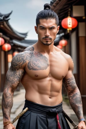 A handsome man.Full body shot.
He is a Japanese gangstere with one Japanese kimono which is shown his fitness chest and arms, (unbuttoned), show his amazing tattoo on chest, he hold a Japanese sword. he stands sideways in front of a Japanese tample.
tattoo, (Tattoo), 25 years old, very straight hair, short hair, few stubble, full and pink lips, blush, muscular body, bright eyes.

confident and serious expression, manly appearance, symmetrical size. Looking at the camera with confidence. 

The shot is very far away. showing from a distance the man and the Japanese tample. 

perfect hands (detailed face, detailed skin texture), (photorealistic), masterpiece: 1.5, beautiful lighting, best quality, beautiful lighting, realistic and natural image, intricate details, everything in focus, perfect focus, photography, masterpiece, small nuances, Supreme resolution, 32K, quality and ultra-sharp details. Superior, realistic and complex, perfect proportions, perfect hands, perfect feet. (extremely detailed skin texture and pores)