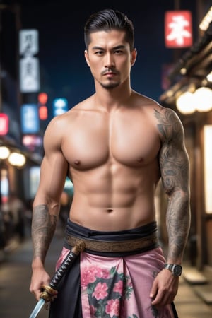 A handsome man.Full body shot.
He is a Japanese gangstere with a Japanese kimono, (unbuttoned), show his amazing tattoo on chest, he hold a Japanese sword. he stands sideways, It's night. there is one Japanese tample behind him.
tattoo, (Tattoo), 25 years old, very straight hair, short hair, few stubble, full and pink lips, blush, muscular body, bright eyes.

confident and serious expression, manly appearance, symmetrical size. Looking at the camera with confidence. 

perfect hands (detailed face, detailed skin texture), (photorealistic), masterpiece: 1.5, beautiful lighting, best quality, beautiful lighting, realistic and natural image, intricate details, everything in focus, perfect focus, photography, masterpiece, small nuances, Supreme resolution, 32K, quality and ultra-sharp details. Superior, realistic and complex, perfect proportions, perfect hands, perfect feet. (extremely detailed skin texture and pores)