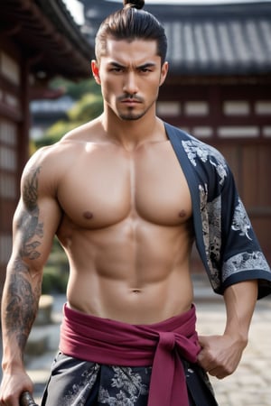 A handsome man.Full body shot.
He is a Japanese gangstere with one Japanese kimono which is shown his fitness chest and arms, (unbuttoned), show his amazing tattoo on chest, he hold a Japanese sword. he stands sideways in front of a Japanese tample.
tattoo, (Tattoo), 25 years old, very straight hair, short hair, few stubble, full and pink lips, blush, muscular body, bright eyes.

confident and serious expression, manly appearance, symmetrical size. Looking at the camera with confidence. 

perfect hands (detailed face, detailed skin texture), (photorealistic), masterpiece: 1.5, beautiful lighting, best quality, beautiful lighting, realistic and natural image, intricate details, everything in focus, perfect focus, photography, masterpiece, small nuances, Supreme resolution, 32K, quality and ultra-sharp details. Superior, realistic and complex, perfect proportions, perfect hands, perfect feet. (extremely detailed skin texture and pores)