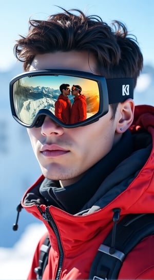 score_9, score_8_up,score_7_up, score_6_up, ultra realistic, 64K, ultra realistic, A 24-year-old handsome korean man wearing stylish ski oakley goggles stands with a cool, cozy expression, undercut hair style. In the reflection of his ski goggles, two handsome men wearing ski suits are kissing. The image highlights fine details in the ski goggles reflection. ski jacket unzip, show his cest