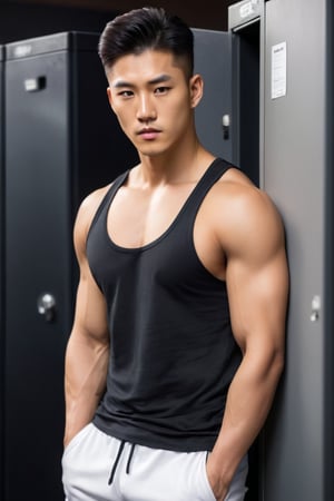 far away shot.
The photo of a handsome korean gangster, he is leaning against a wall of a gym locker room, standing upright, wearing black A-shirt and white shorts 

He has tattoos on his chest, 25 years old, short hair, fitness body, bright eyes and sexy lips.

confident and serious expression, manly appearance, symmetrical size. Looking at the camera with confidence. 

perfect hands (detailed face, detailed skin texture), (photorealistic), masterpiece: 1.5, beautiful lighting, best quality, beautiful lighting, realistic and natural image, intricate details, everything in focus, perfect focus, photography, masterpiece, small nuances, Supreme resolution, 32K, quality and ultra-sharp details. Superior, realistic and complex, perfect proportions, perfect hands, perfect feet. (extremely detailed skin texture and pores)