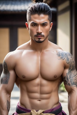 A handsome man.Full body shot.
He is a Japanese gangstere with Japanese kimono which is shown his fitness chest and arms, (unbuttoned), show his amazing tattoo on chest, he hold a Japanese sword. he stands sideways in front of a Japanese tample.
tattoo, (Tattoo), 25 years old, very straight hair, short hair, few stubble, full and pink lips, blush, muscular body, bright eyes.

confident and serious expression, manly appearance, symmetrical size. Looking at the camera with confidence. 

perfect hands (detailed face, detailed skin texture), (photorealistic), masterpiece: 1.5, beautiful lighting, best quality, beautiful lighting, realistic and natural image, intricate details, everything in focus, perfect focus, photography, masterpiece, small nuances, Supreme resolution, 32K, quality and ultra-sharp details. Superior, realistic and complex, perfect proportions, perfect hands, perfect feet. (extremely detailed skin texture and pores)