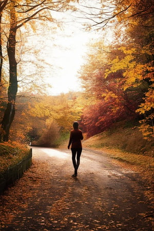 A warm golden light filters through the trees as a lone figure walks along a winding path, surrounded by a kaleidoscope of autumn hues: burnt oranges, rusty reds, and soft yellows. Leaves crunch beneath their feet as they disappear into the distance, leaving a trail of fallen foliage behind.