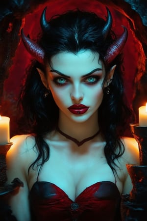 A sultry devil girl posing seductively in a dimly lit, crimson-red hued cavern, surrounded by eerie, flickering candles and mystical, ancient artifacts. Her piercing green eyes gleam with mischief as she beckons the viewer, her scarlet lips curled into a wicked grin.