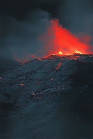 A fiery red glow engulfing a darkened landscape, as a blazing inferno illuminates the night sky with an intense crimson hue, casting long shadows and a warm orange light on the surrounding terrain, amidst wispy smoke trails and scattered debris.