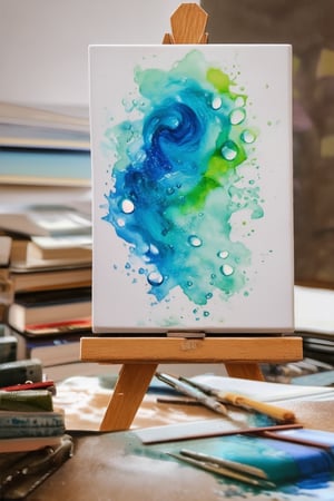 A soft focus shot captures a whimsical watercolor painting in progress. Vibrant hues of blue and green swirl together on the canvas as an artist's brush strokes dance across the surface. Delicate droplets of paint glisten in the warm light, casting a mesmerizing glow on the rustic wooden easel. The subject sits amidst a serene studio setting, with books and art supplies scattered about.