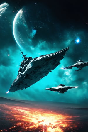 Vibrant cyan planet in a distant galaxy, with swirling clouds of turquoise and electric blue. A stunning WorldWarrr battleship descends from the sky, its metallic surface reflecting the kaleidoscope colors of the atmosphere. In the foreground, a small fleet of sleek silver spaceships engage in dogfighting, their trails of sparks illuminating the darkening landscape.