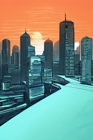 A futuristic cityscape at dusk, rendered in bold line art style. Tall skyscrapers and sleek architecture dominate the foreground, while a vibrant orange sun sets behind, casting long shadows. The composition is dynamic, with diagonal lines emphasizing the sense of movement and energy.