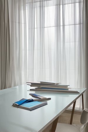 A minimalist workspace with a large glass table as the central focus. A blueprints sketch lies open on the surface, surrounded by architectural books and scattered pencils. The room is bathed in soft, diffused natural light pouring through sheer curtains, casting a warm glow. A single chair sits nearby, inviting creativity and contemplation.