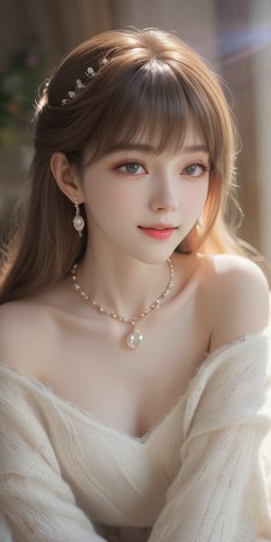 Beautiful, soft light, (beautiful and delicate eyes), very detailed, pale skin, big smile, (long hair), dreamy, medium chest, female 1, ((front shot)), bangs, soft expression, height 170, elegant , Bright smile, 8k art photo, photorealistic concept art, realistic, person, small necklace, off shoulder, small earrings, fantasy, jewelry, shyness, dreamy soft image, masterpiece, ultra high resolution, skirt, shirt, sweater, color , (both eyes (He gently closes his eyes, raises his head slightly, and appears absorbed in pleasant thoughts),dragon