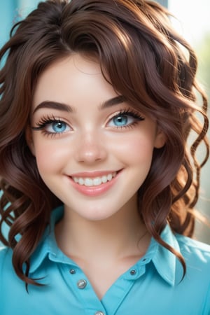 Young woman with dark brown hair, blue silver eyes, pale skin, beautiful face, very full glossy lips, dewy skin, layered hair, thin light eyebrows, button nose, full cheeks, very long eyelashes,  voluminous messy hair, almond eyes, perfect teeth , casual clothes, thin high set eyebrows, straight eyebrows, big smile