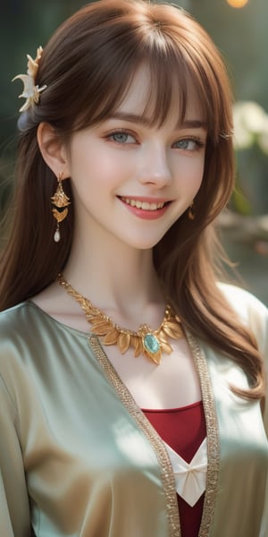 Beautiful, soft light, (beautiful and delicate eyes), very detailed, pale skin, big smile, (long hair), dreamy, medium chest, female 1, ((front shot)), bangs, soft expression, height 170, elegant , Bright smile, 8k art photo, photorealistic concept art, realistic, person, small necklace, small earrings, fantasy, jewelry, shyness, dreamy soft image, masterpiece, ultra high resolution, skirt, shirt, jacket, color , (both eyes (He gently closes his eyes, raises his head slightly, and appears absorbed in pleasant thoughts),dragon