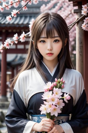 The 18-year-old girl standing in the center of the solemn shrine, the cute 18-year-old Japanese idol holding flowers, Sakura, photo_b00ster, Don, cute and beautiful face, detailed face, perfect face, perfect model figure, (((huge Complex, multi-layered, beautiful)))++, cute and weak The cold and rough (((stick))) forms a strong contrast)